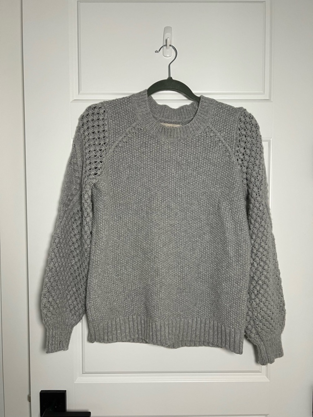 LOFT Gray Crewneck Knit Sweater with Textured Sleeves